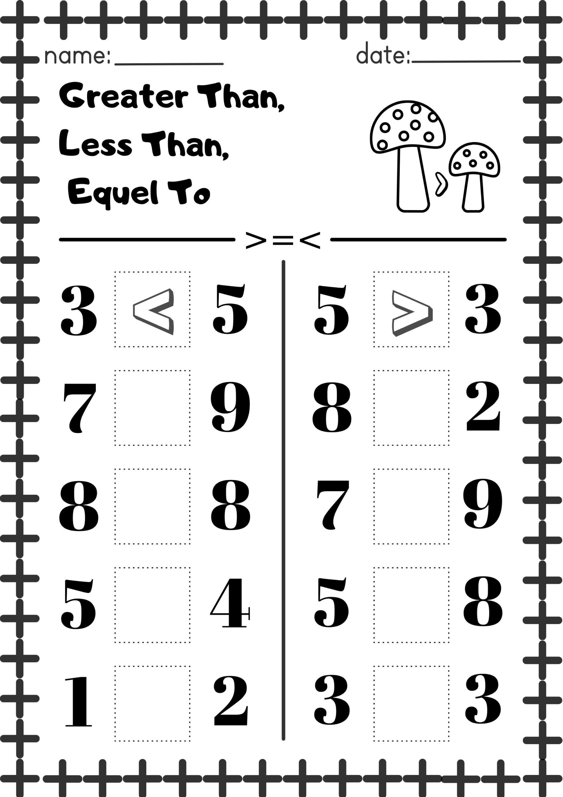 10 Pages Printable Mats greater Than Less Than Equel To math 
