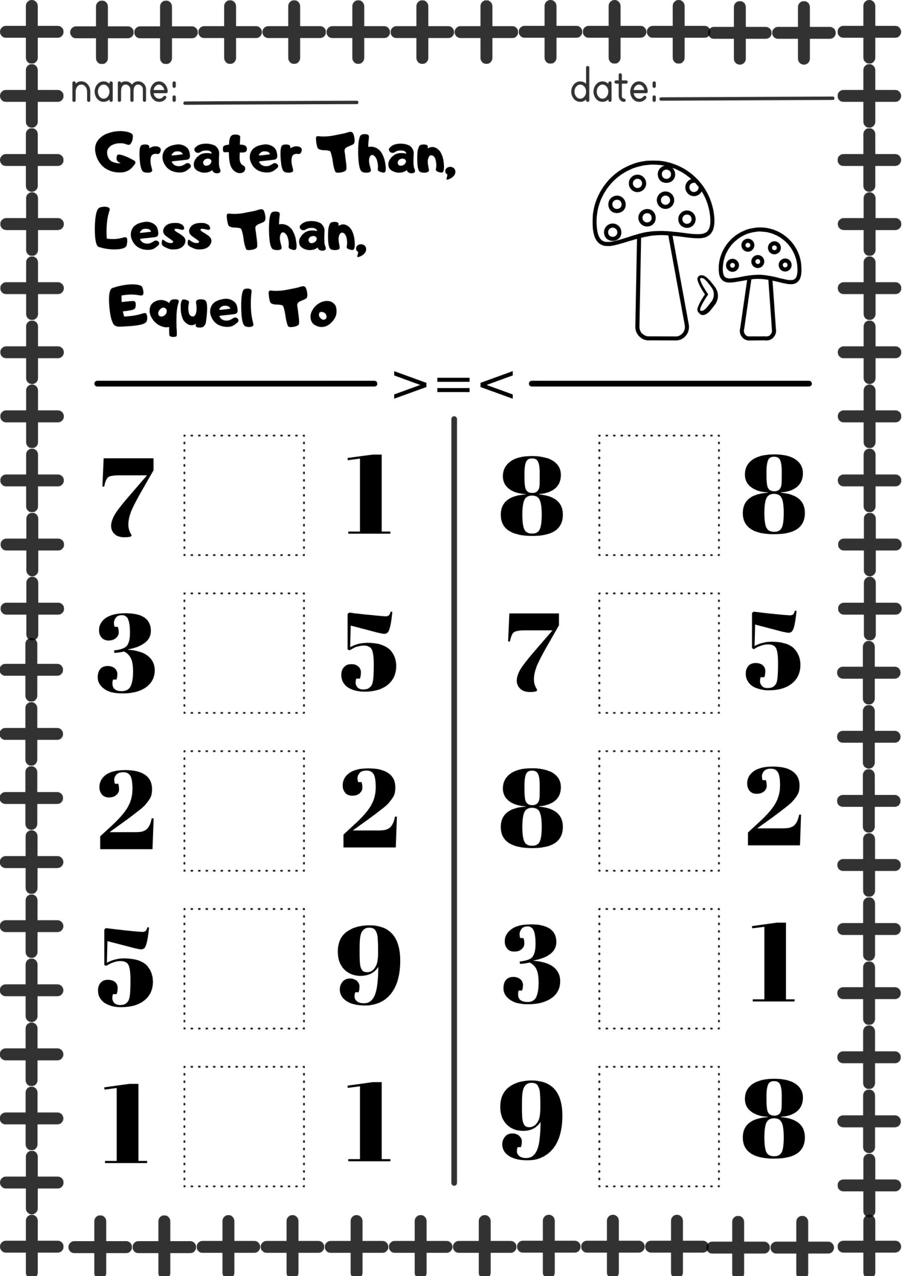 10 Pages Printable Mats greater Than Less Than Equel To math 