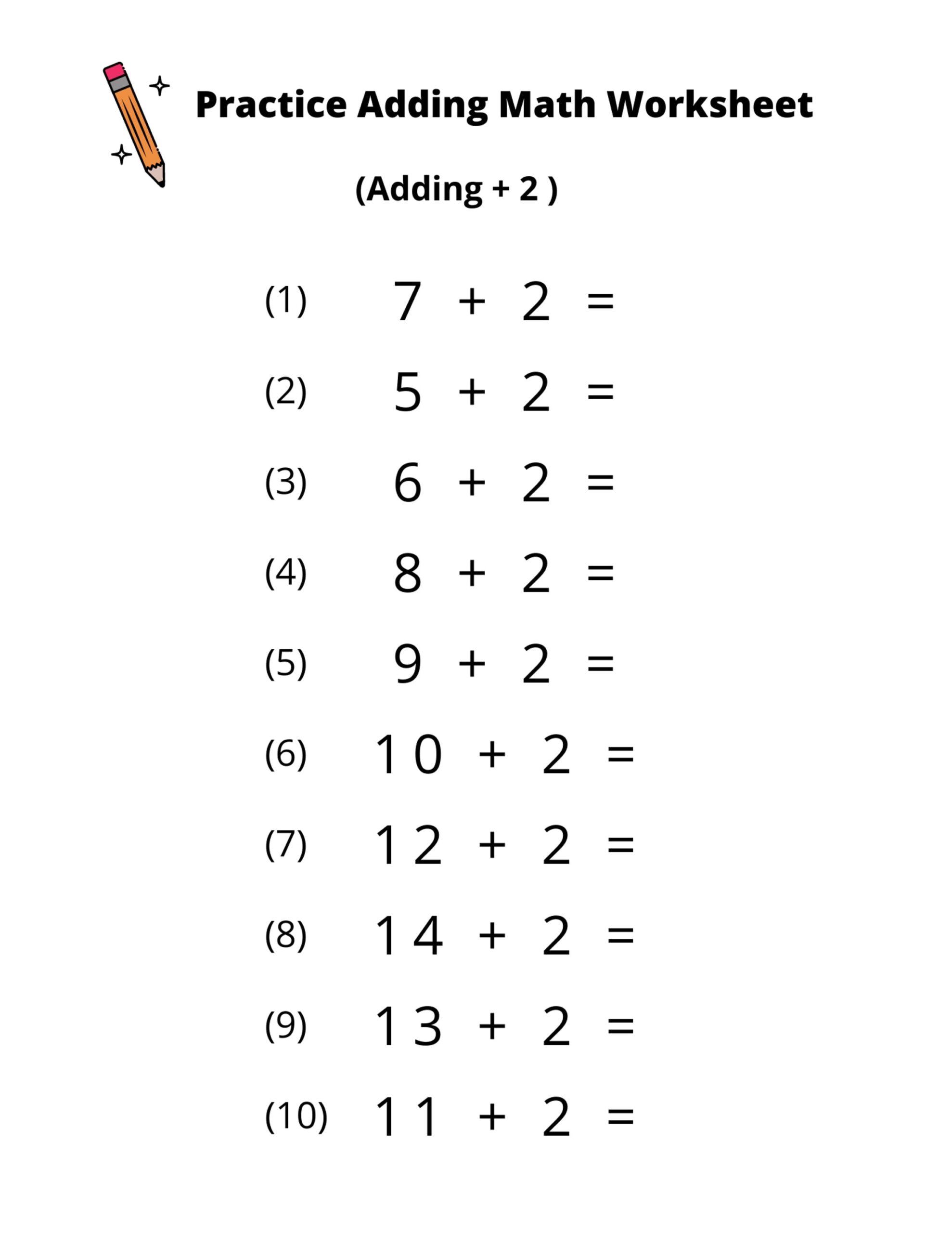 10 Printable Addition Math Worksheets Adding By 2 Numbers 1 20 
