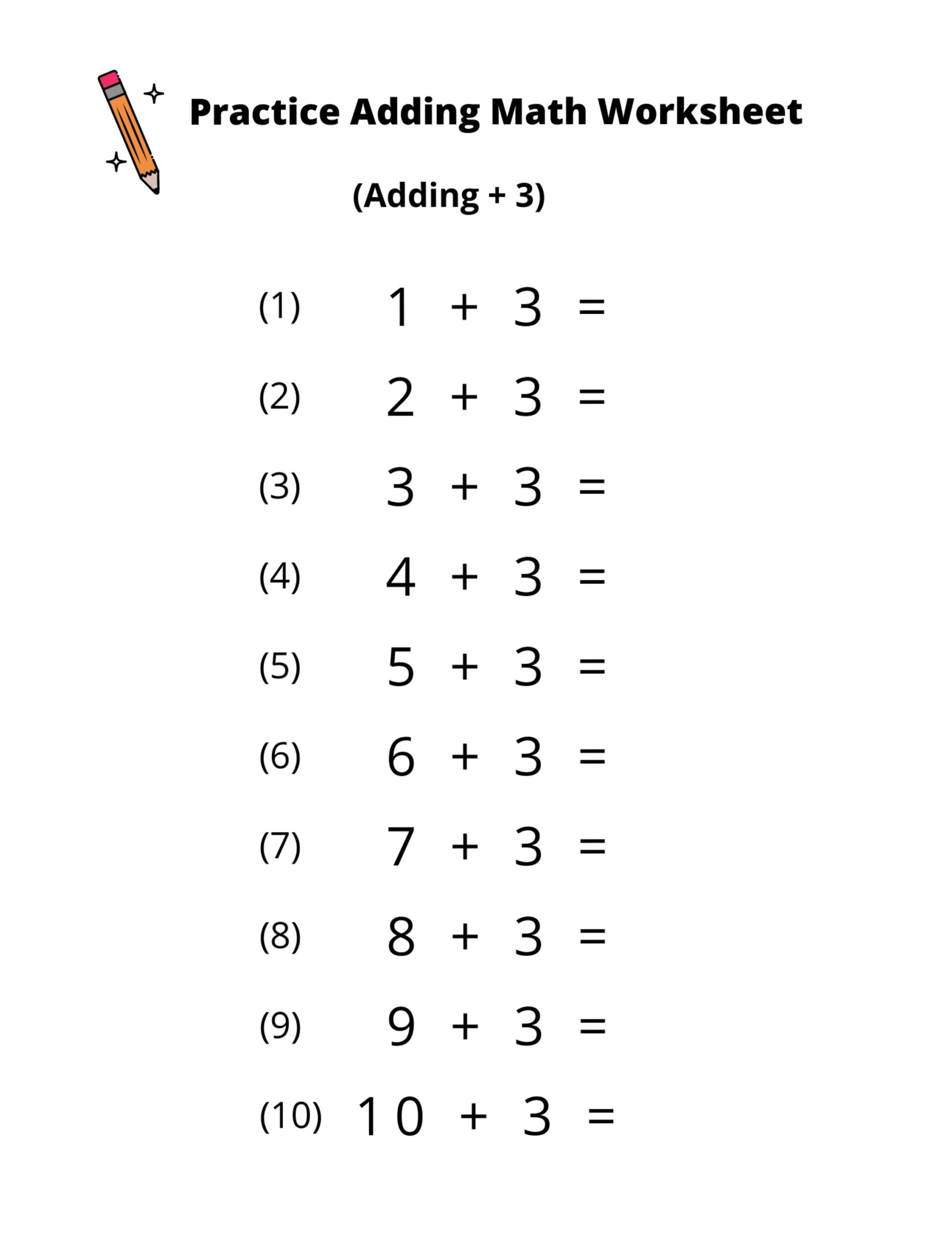 10 Printable Addition Math Worksheets Adding By 3 Numbers 1 20 