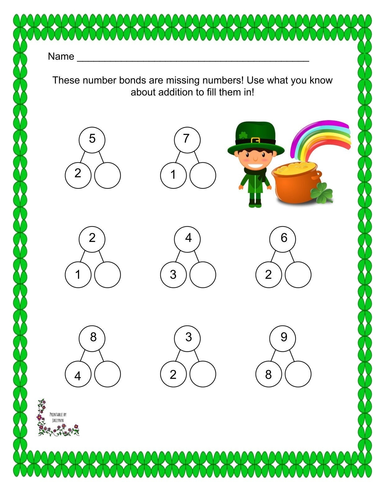 10 St Patrick s Day Themed Printable Number Bond Worksheets Single U0026 Double Digits Preschool 2nd Grade Math Etsy