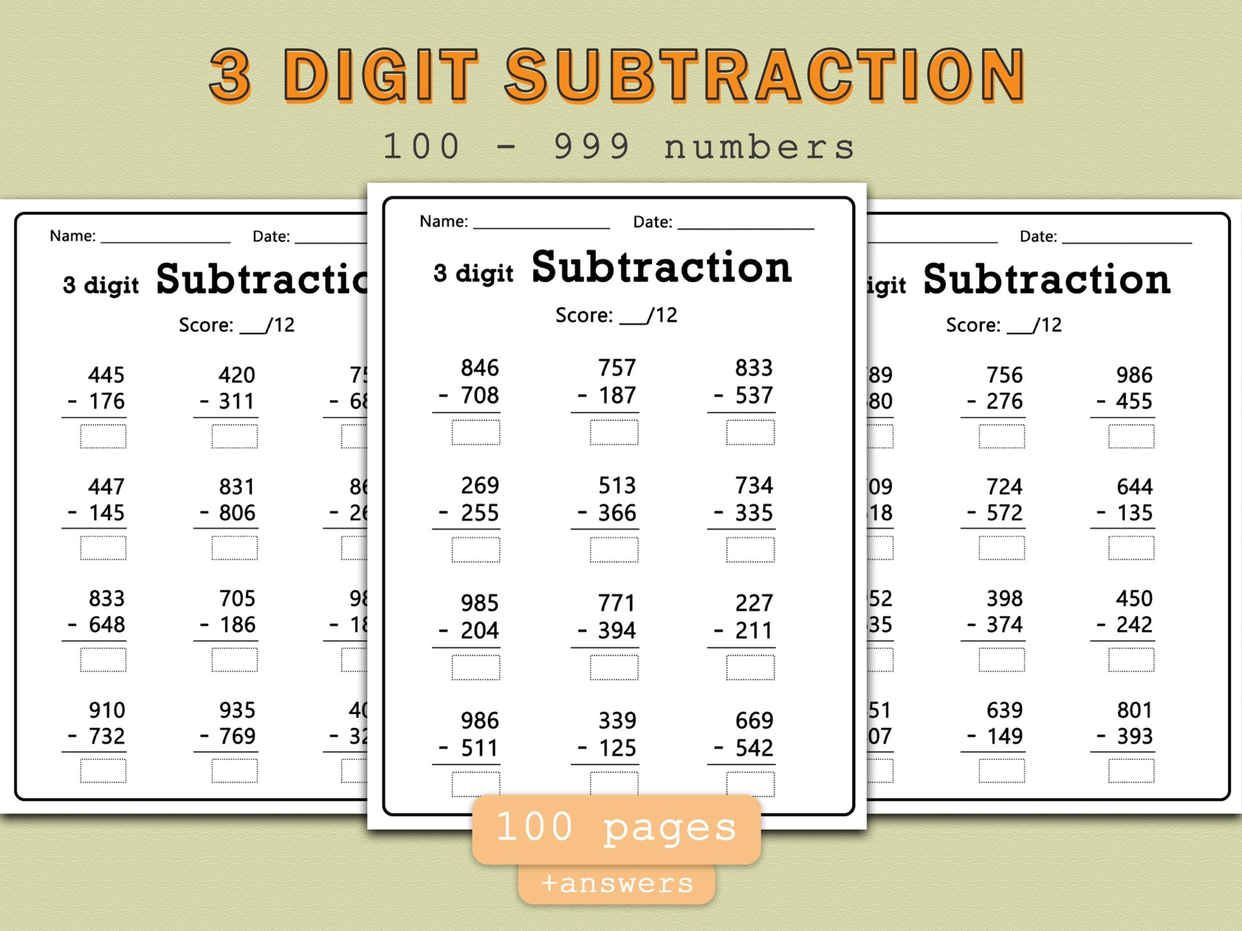 100 Three Digit Subtraction Worksheets Printable Math Worksheets 100 999 Numbers Educational Resources U0026 Activities Etsy