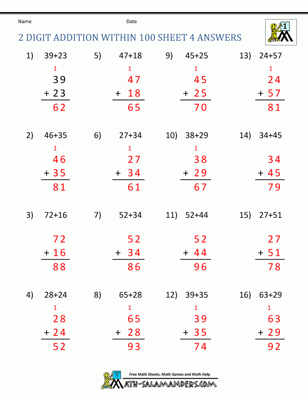 2 Digit Addition Worksheets