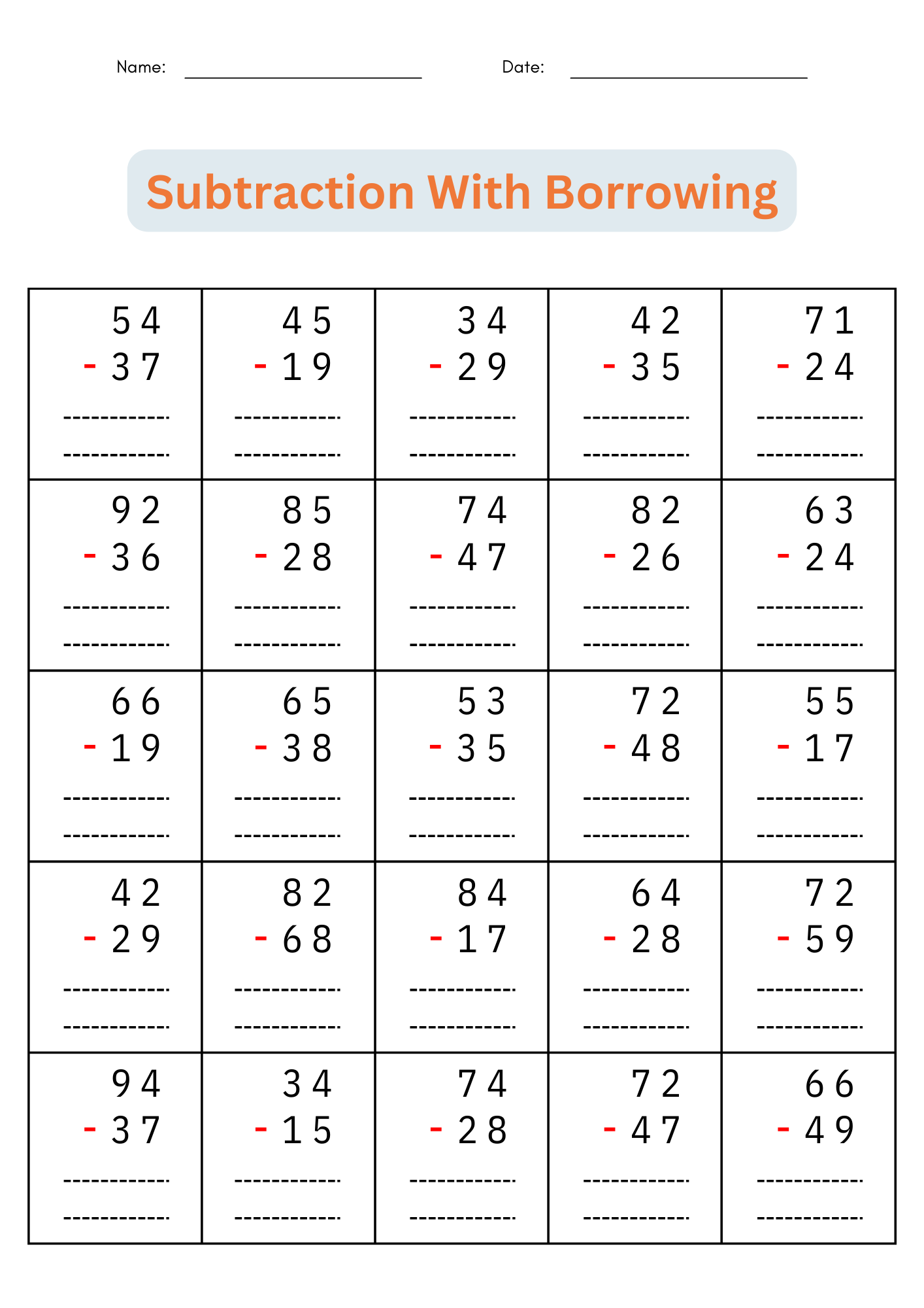 2 Digit Subtraction With Regrouping Number Math Worksheets For Grade 1 2 3