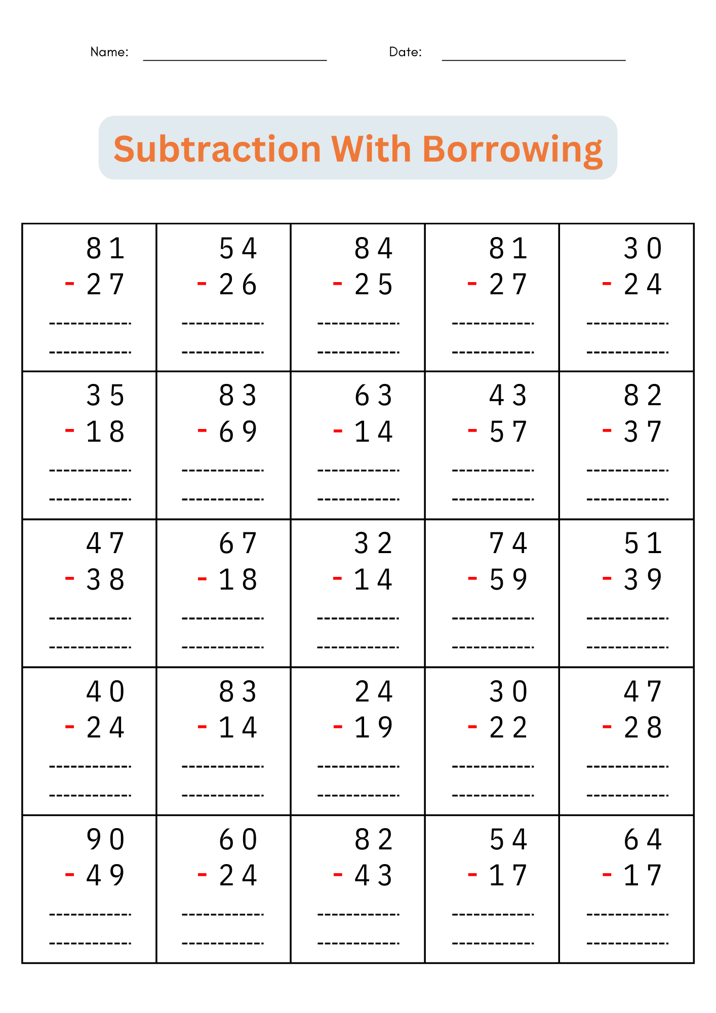 Math Subtraction Worksheet