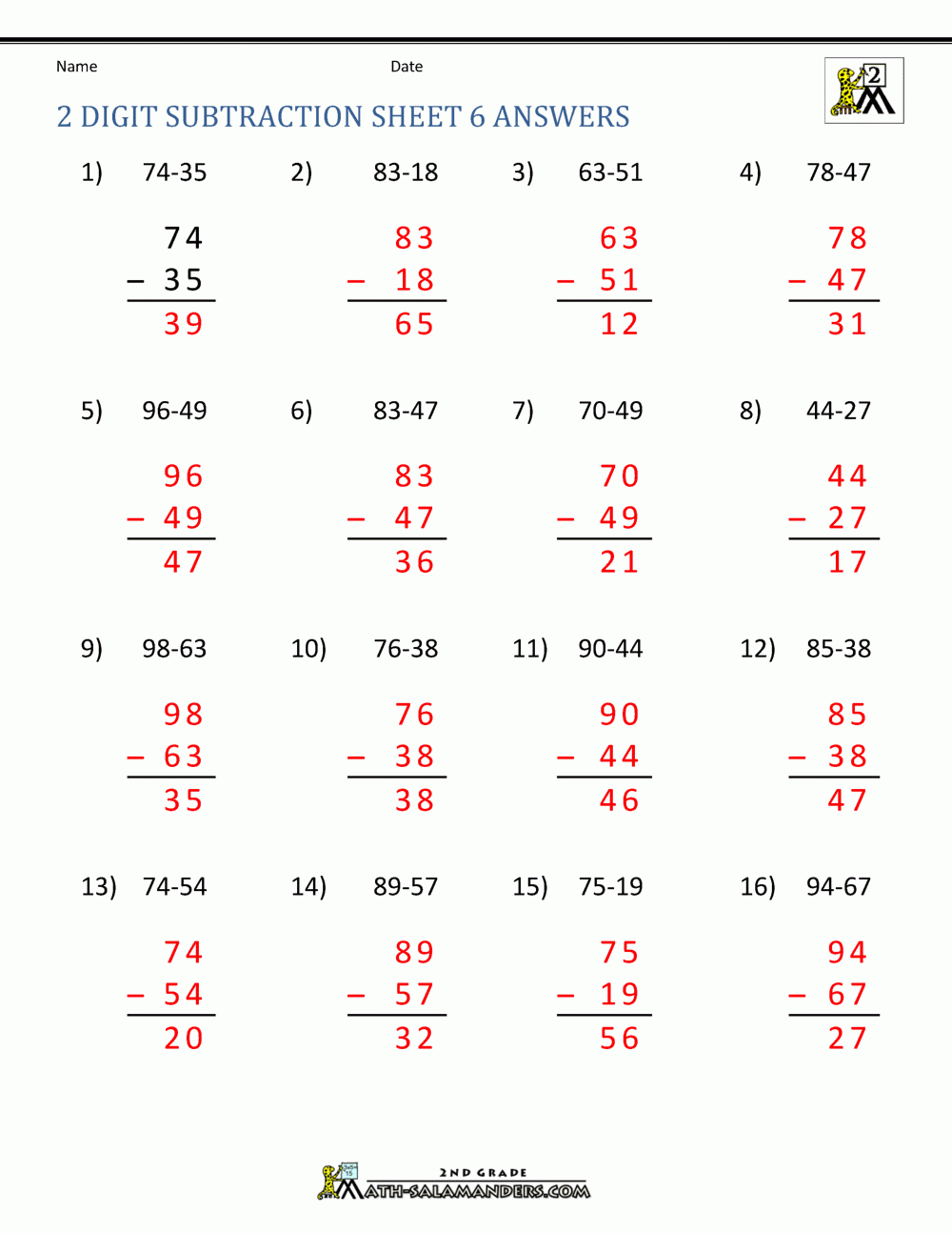 2 Digit Subtraction With Regrouping Worksheets