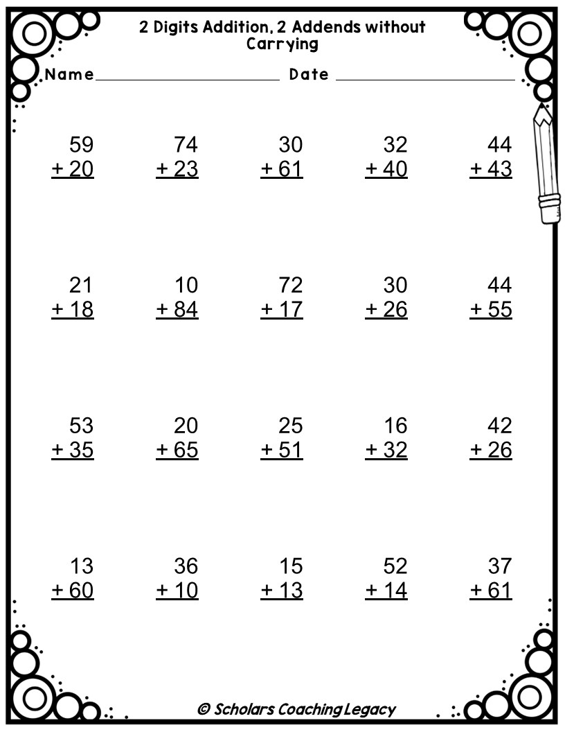 2 Digits Addition 2 Addends Without Carrying Worksheets Math Problems Made By Teachers