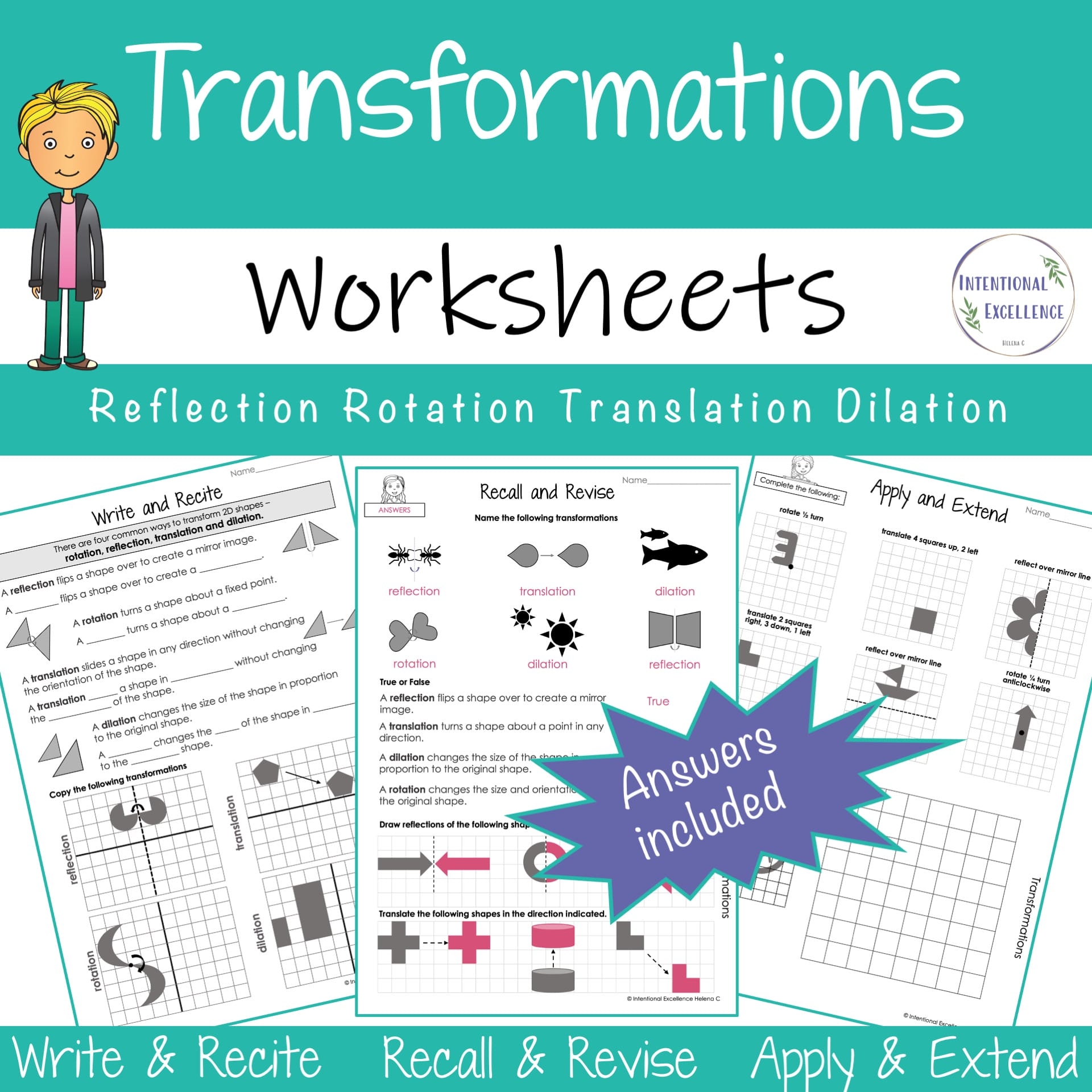 2D Transformations WORKSHEETS Dilation Reflection Rotation Translation Math Review Homework Teacher Professional Development