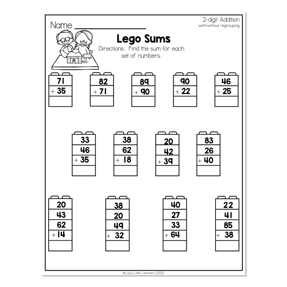 2nd Grade Math Worksheets 2 Digit Addition With Regrouping Lego Sums Lucky Little Learners
