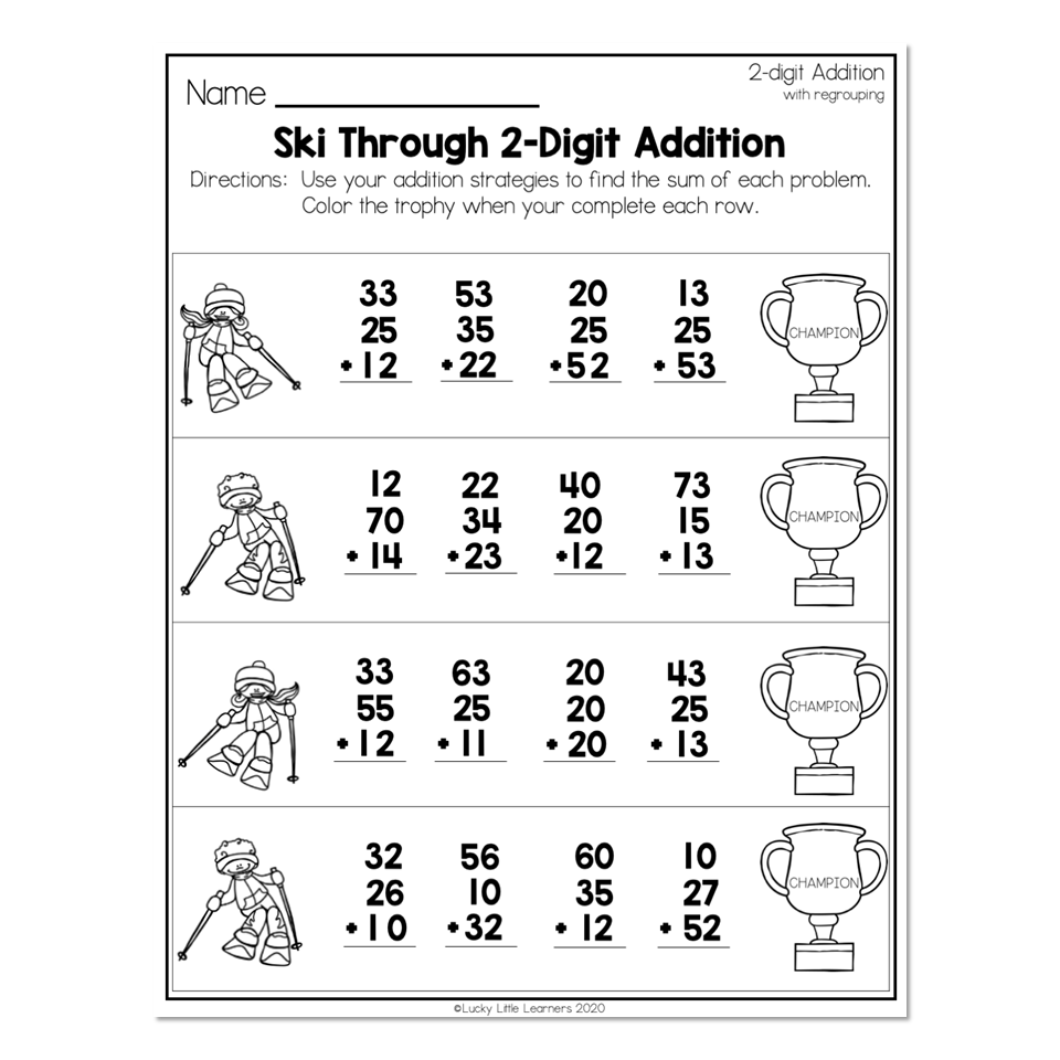 2nd Grade Math Worksheets 2 Digit Addition With Regrouping Ski 
