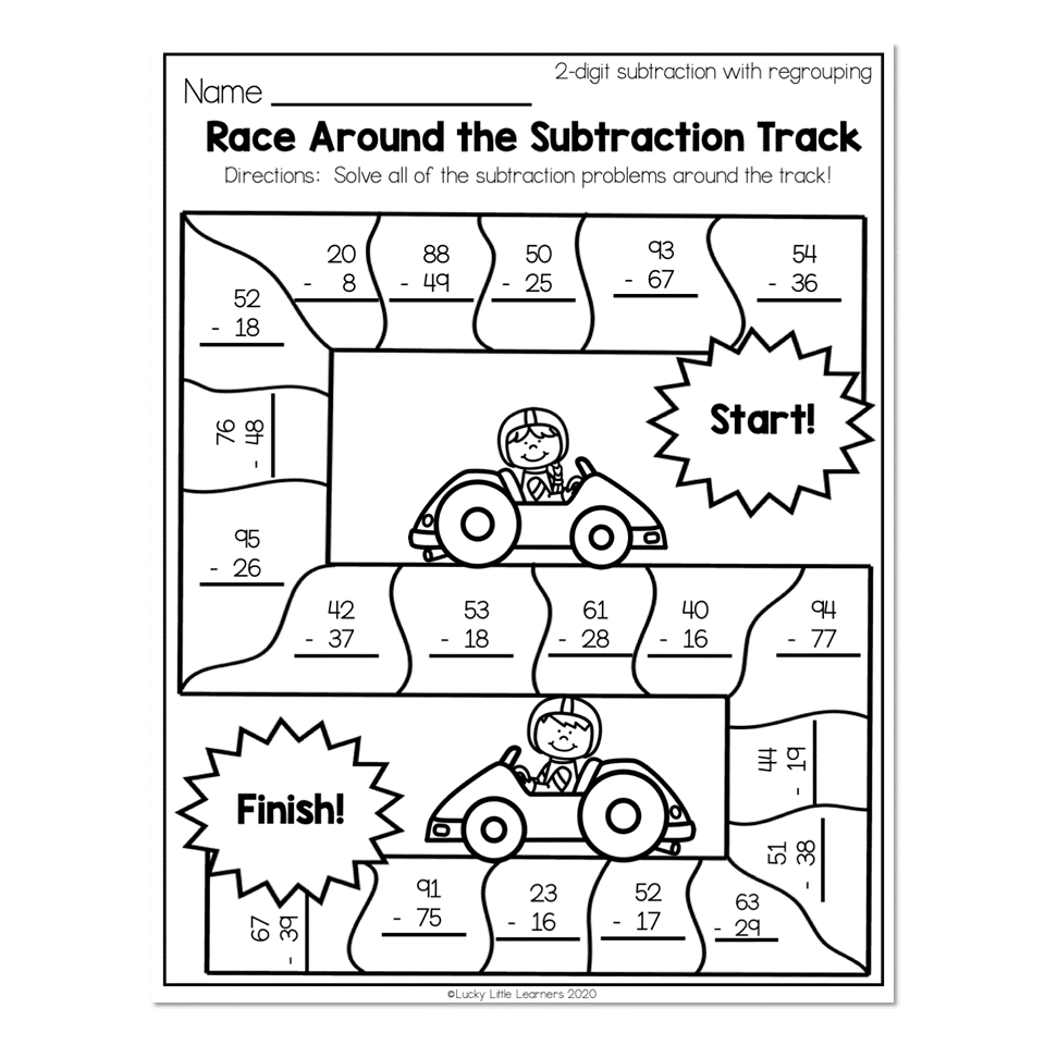 2nd Grade Math Worksheets 2 Digit Subtraction With Regrouping Race Around The Subtraction Track Lucky Little Learners