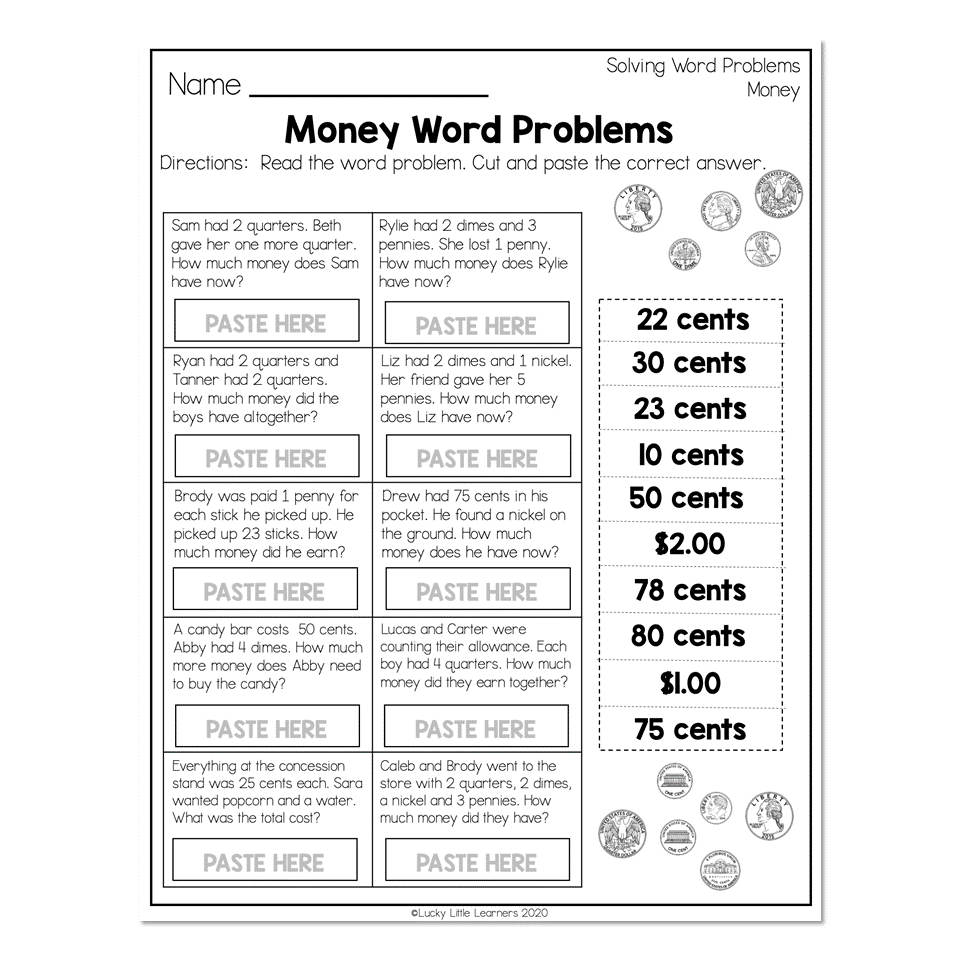 2nd Grade Math Worksheets Money Money Word Problems Money Word Problems Lucky Little Learners