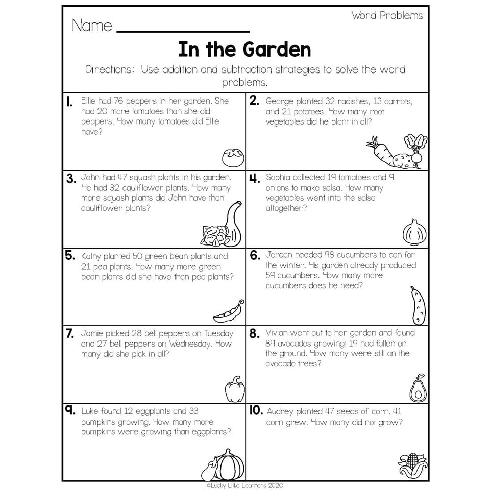 2nd Grade Math Worksheets Operations And Algebraic Thinking Word Problems In The Garden Lucky Little Learners