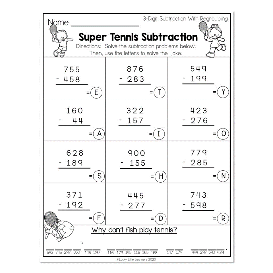 2nd Grade Math Worksheets Place Value 3 Digit Subtraction With Regrouping Super Tennis Subtraction Lucky Little Learners