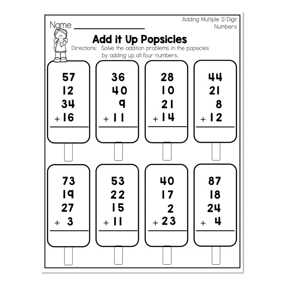 2nd Grade Math Worksheets Place Value Adding Multiple 2 Digit Numbers Add It Up Popsicles Lucky Little Learners