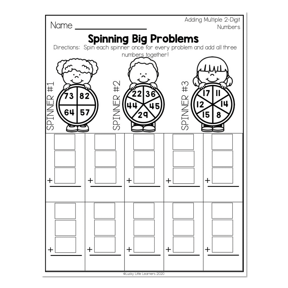 2nd Grade Math Worksheets Place Value Adding Multiple 2 Digit Numbers Spinning Big Problems Lucky Little Learners