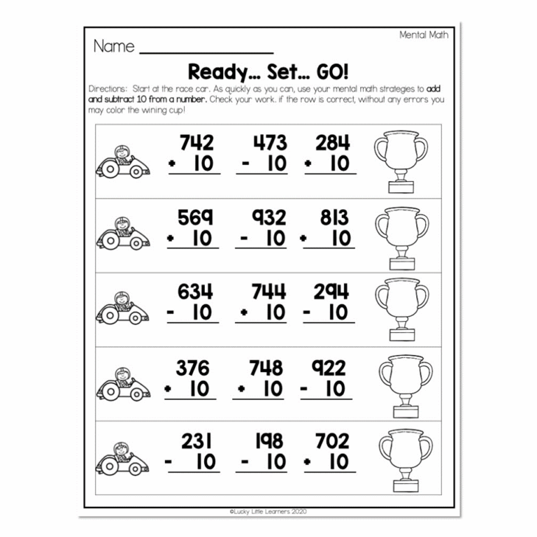 2nd Grade Math Worksheets Place Value Mental Math Ready Set Go Plus Minus Ten Lucky Little Learners