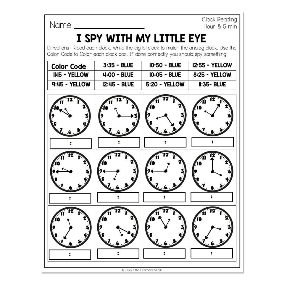 2nd Grade Math Worksheets Time Clock Reading Hour U0026 5 Minutes I Spy With My Little Eye Lucky Little Learners