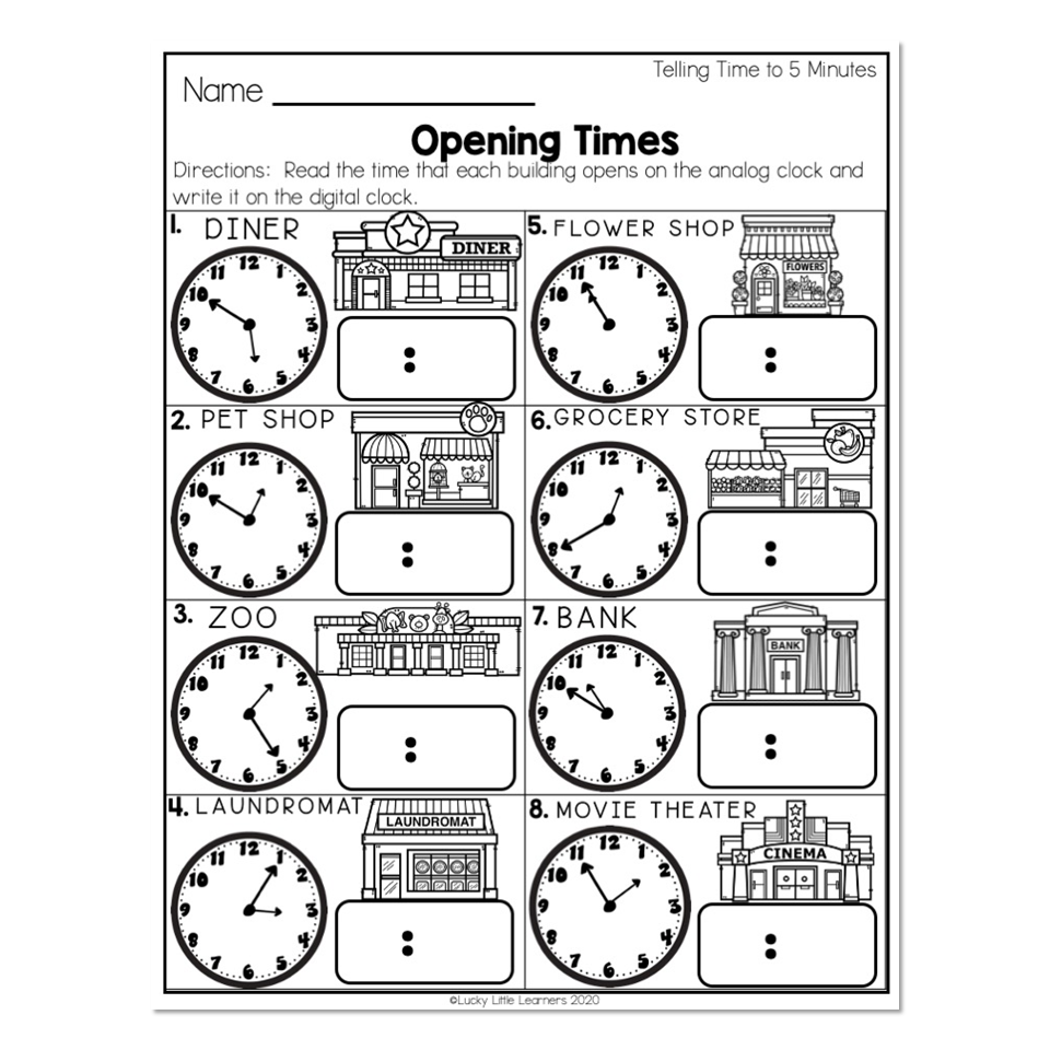 2nd Grade Math Worksheets Time Telling Time To 5 Min 