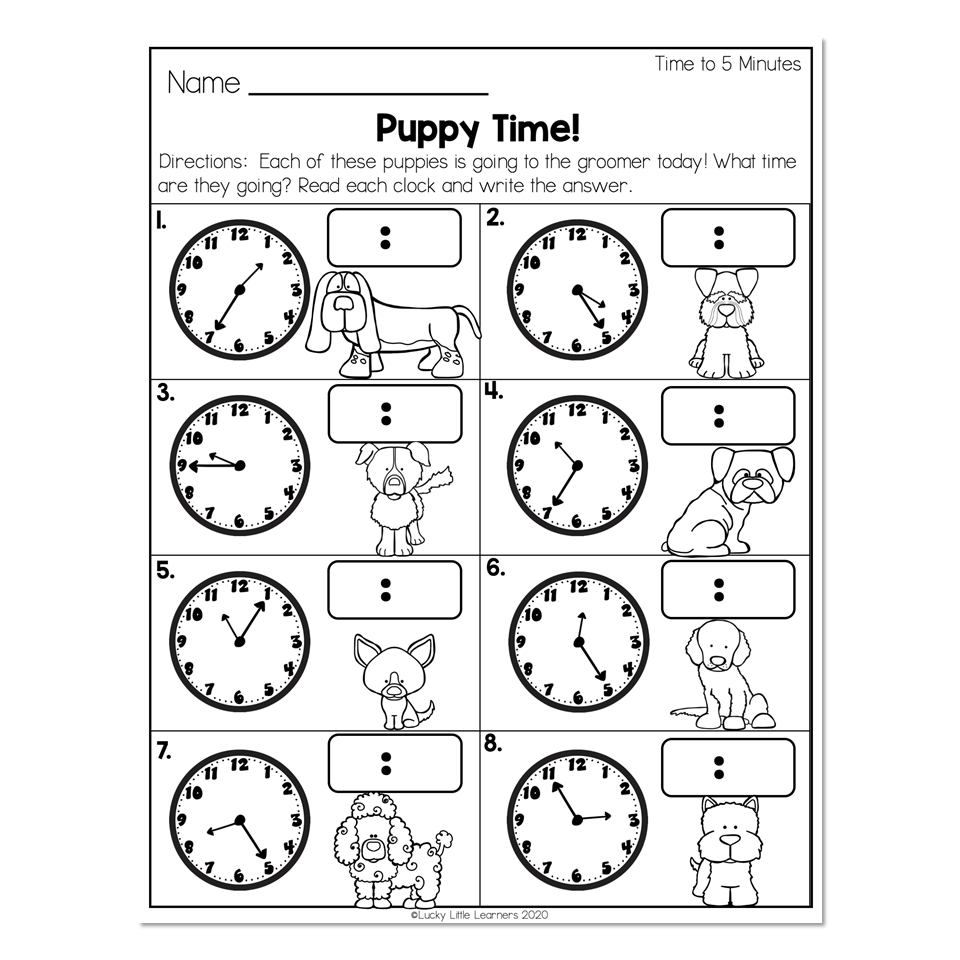 2nd Grade Math Worksheets Time Telling Time To 5 Mins Puppy 