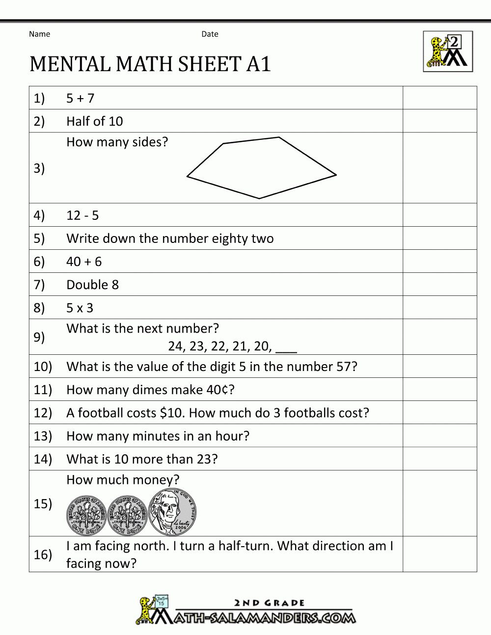 2nd Grade Mental Math Worksheets