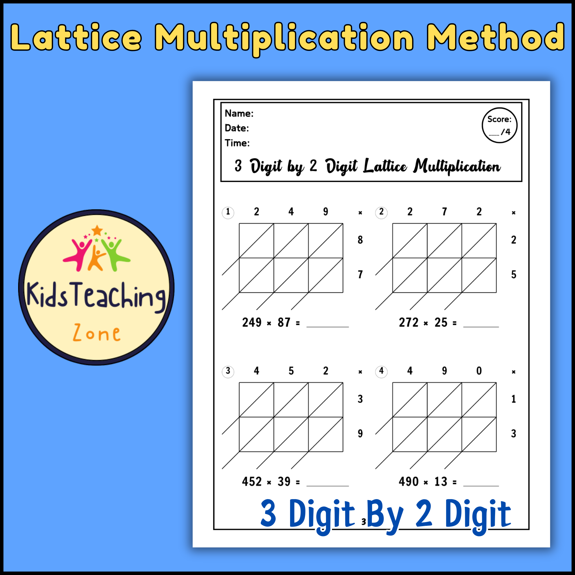 3 Digit By 2 Digit Multiplication Practice Worksheets Using Lattice Method Teacher Professional Development
