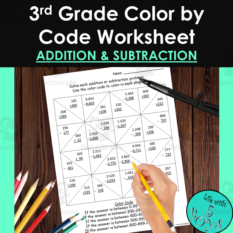 3rd Grade Color By Code Math Worksheet Addition And Subtraction By Teach Simple