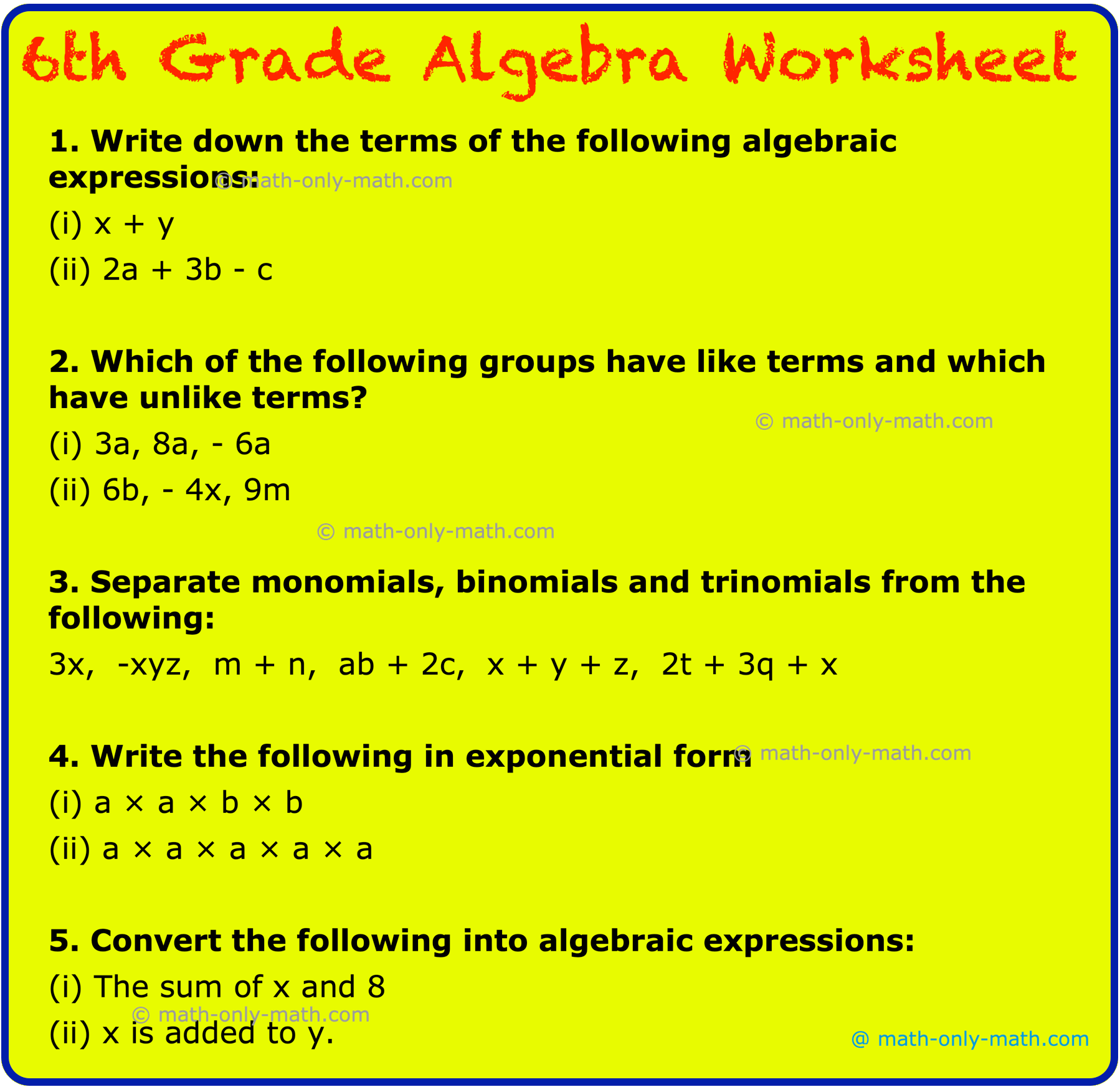 Expressions Math Worksheet