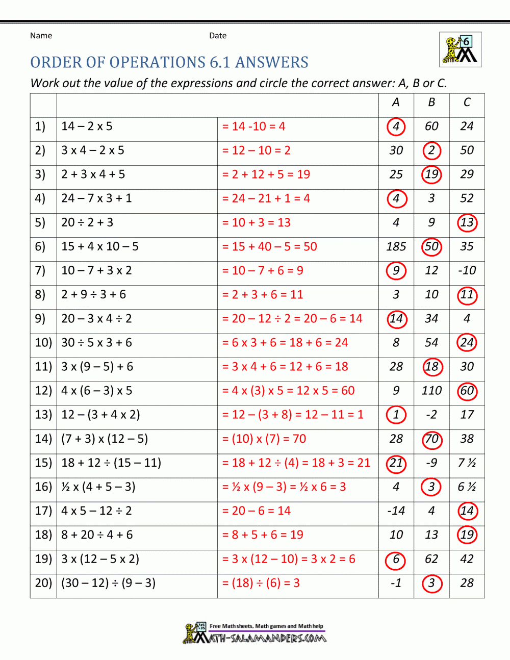 6th Grade Order Of Operations Worksheets