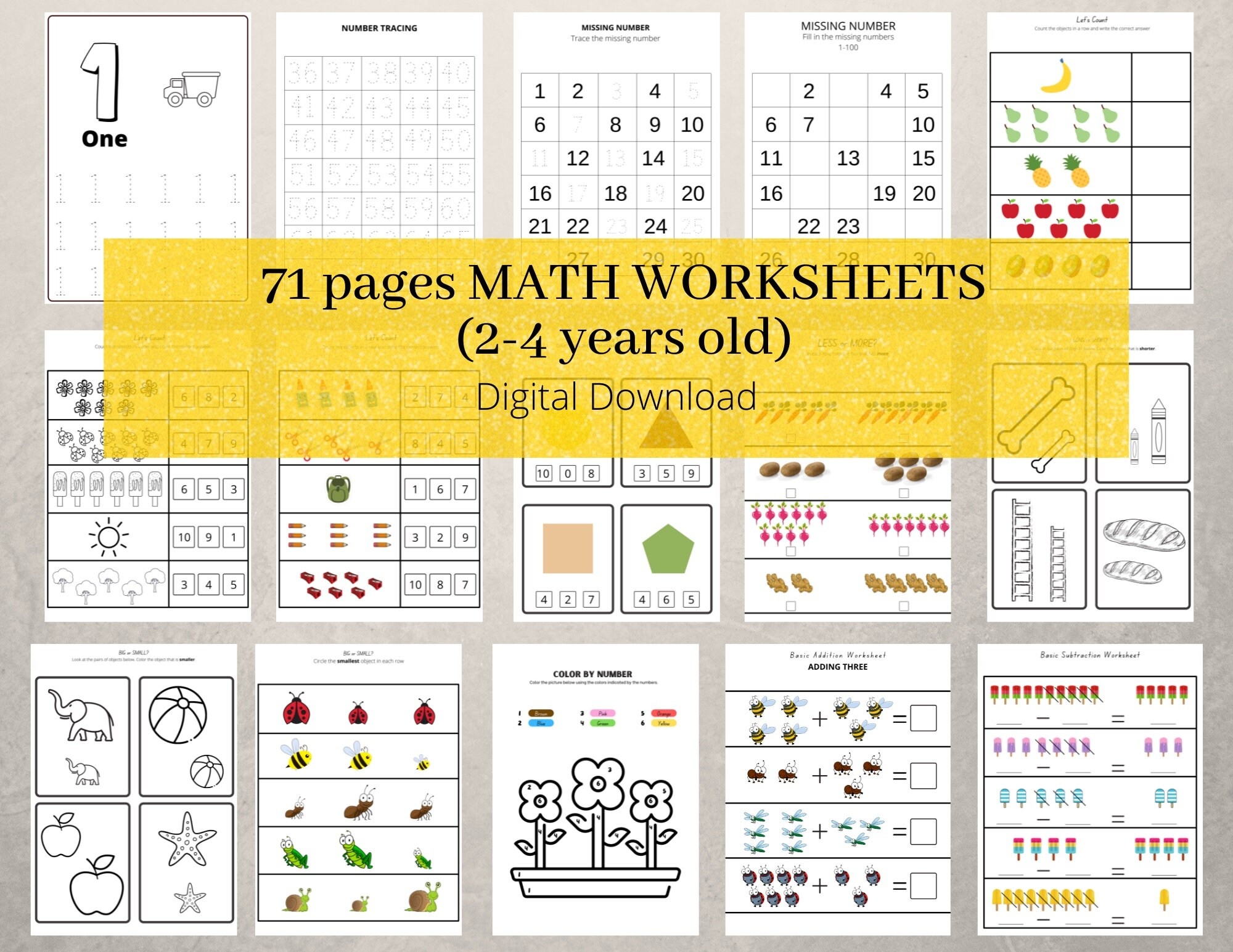 71 Pages Basic Mathematics Worksheets Workbook For Toddler 2 4 Years Old Homeschool Instant Download Digital Print Printable Etsy