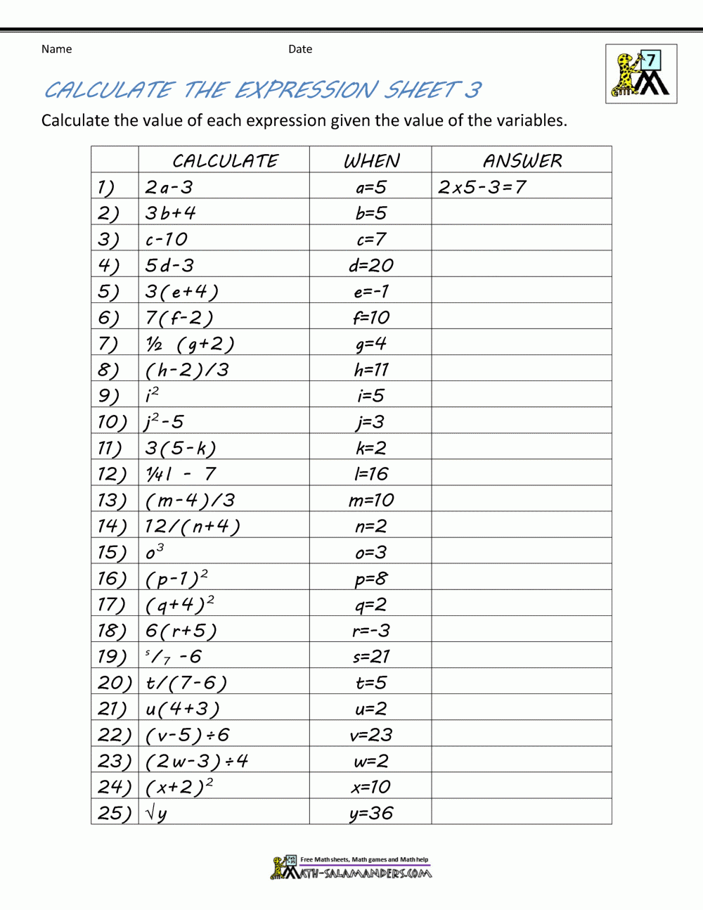 7th Grade Math Activity Worksheets