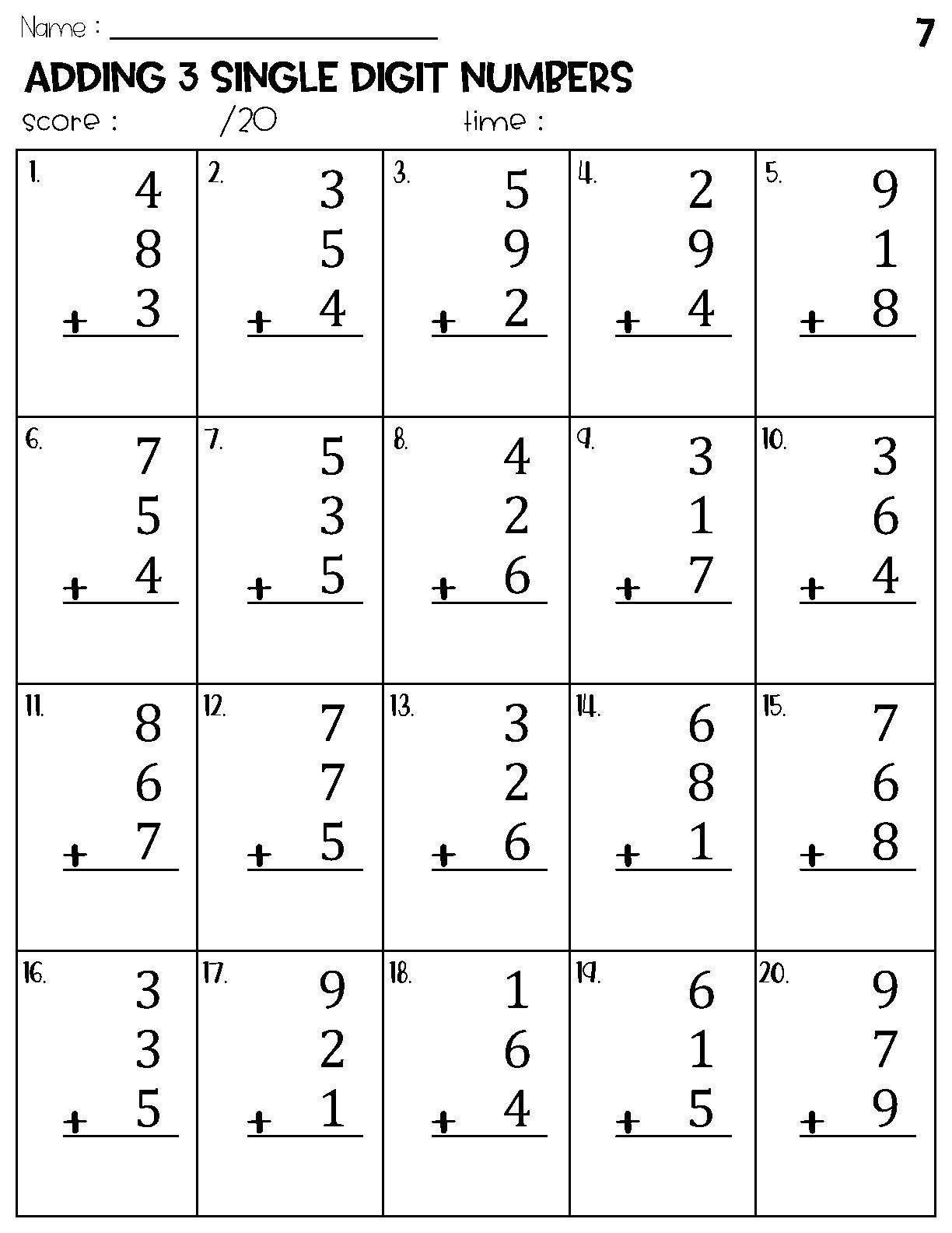 Adding 3 Single Digit Numbers Worksheets Math Timed Test Addition Etsy Australia