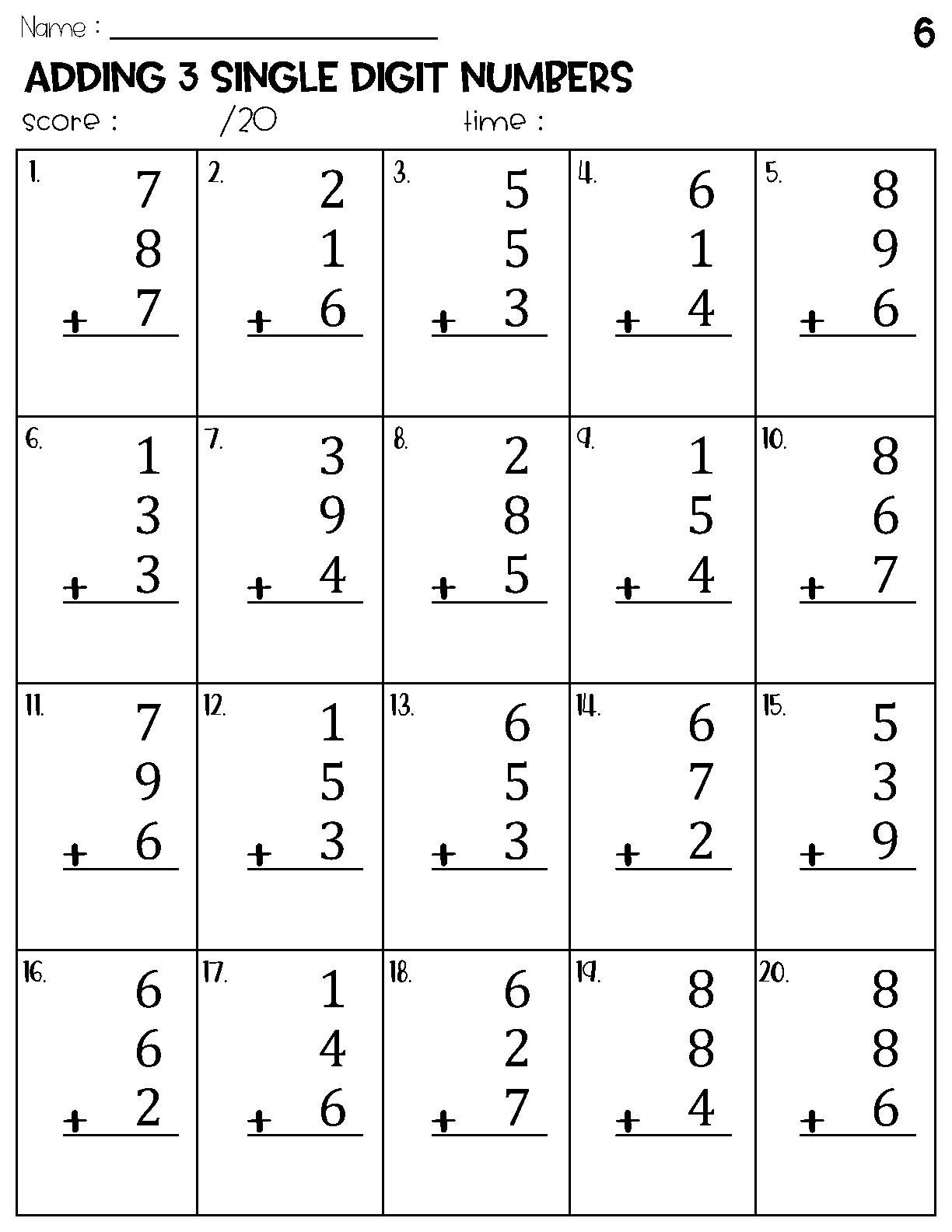 Adding 3 Single Digit Numbers Worksheets Math Timed Test Addition Etsy Australia