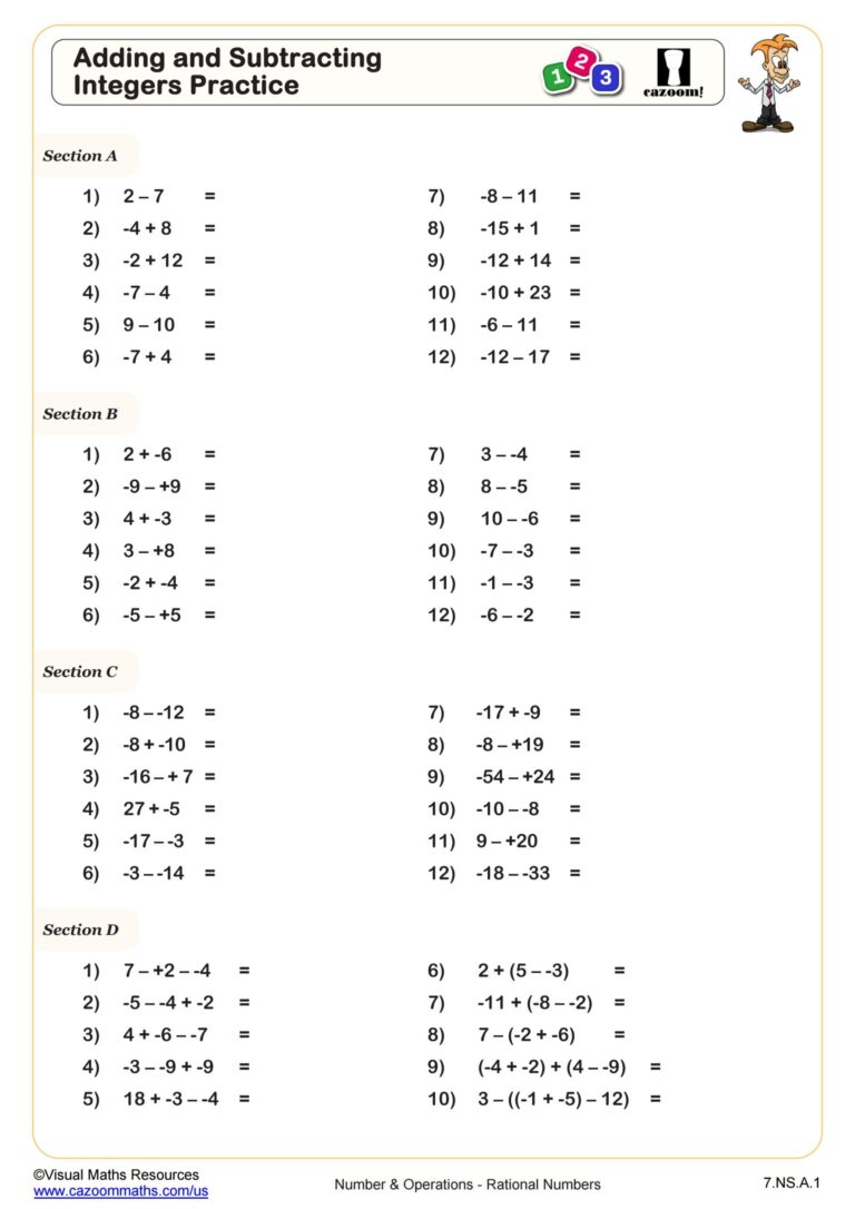 Adding And Subtracting Integers Practice Worksheet 7th Grade PDF Worksheets