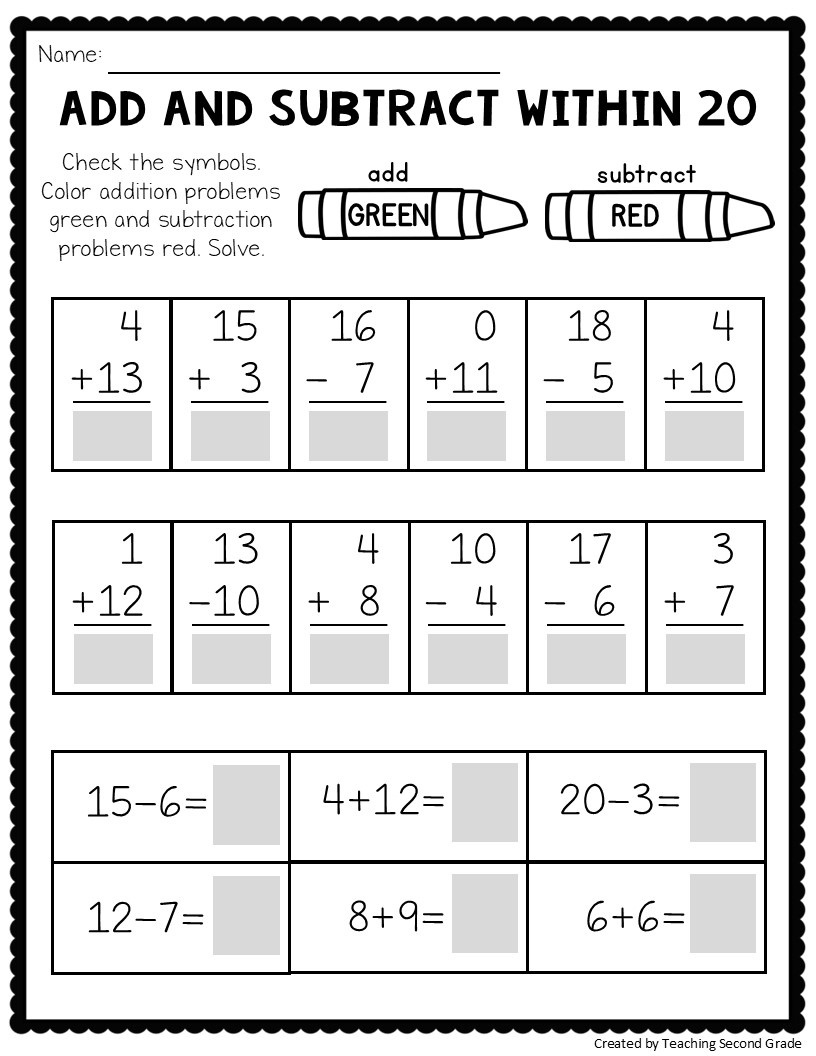 Addition And Subtraction Facts To 20 Worksheets Math Worksheets 1st 2nd Grade