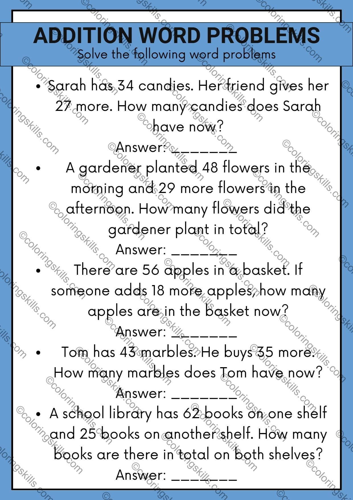 Addition And Subtraction Word Problems Within 100 Math Worksheets