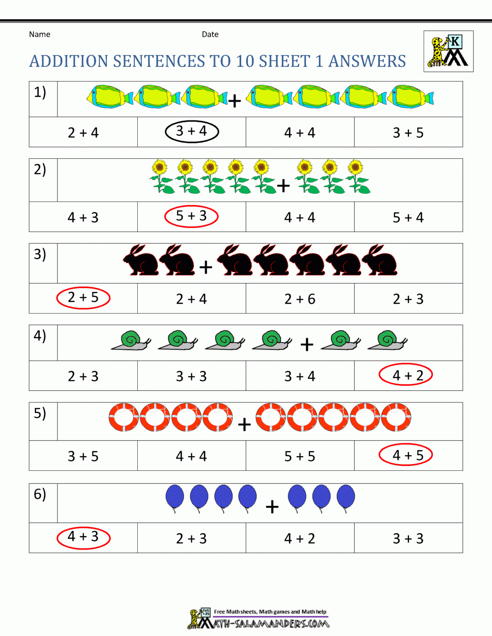 Addition Worksheets For Kindergarten