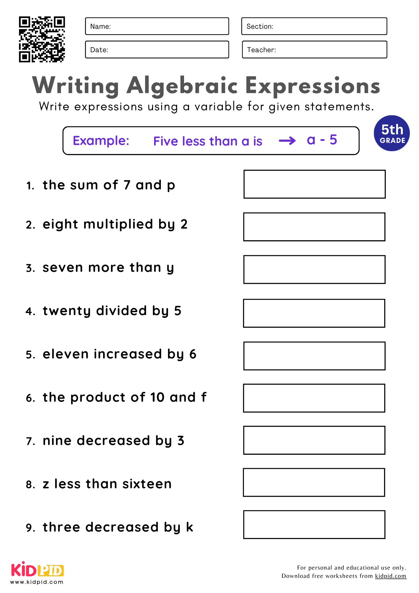 Algebra Worksheets For Grade 5 Kidpid