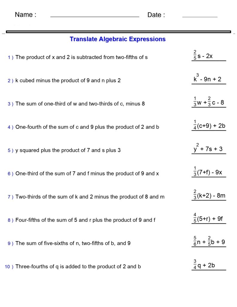 Algebraic Expressions Translate Phrases Worksheets Hard Two And Three Terms With Two Variables Made By Teachers