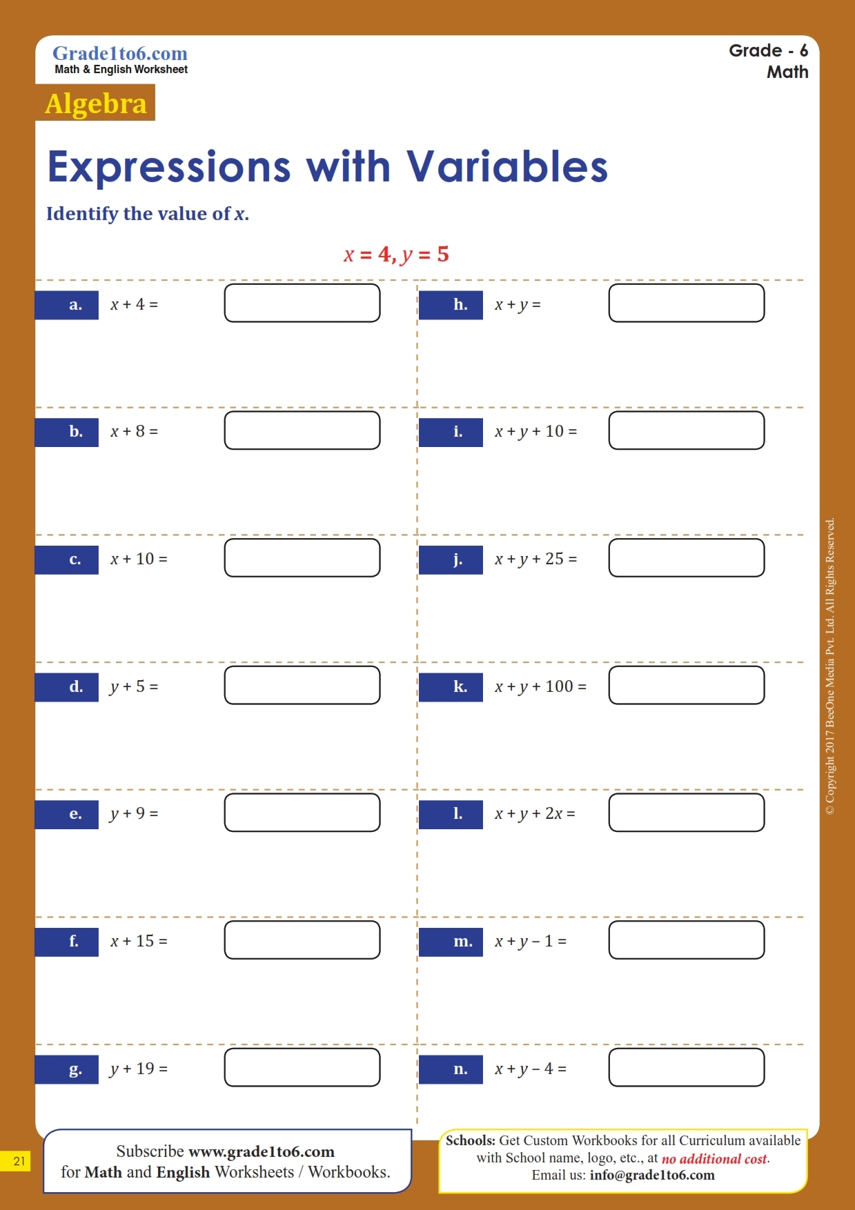 Algebraic Expressions Worksheets Grade1to6