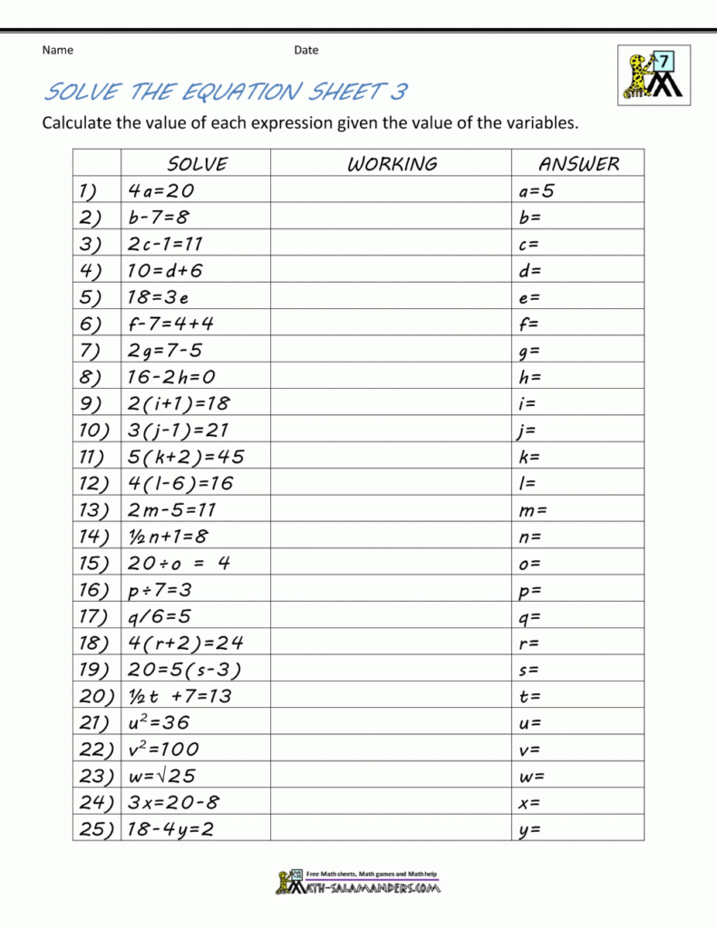 Math Algebra Worksheets