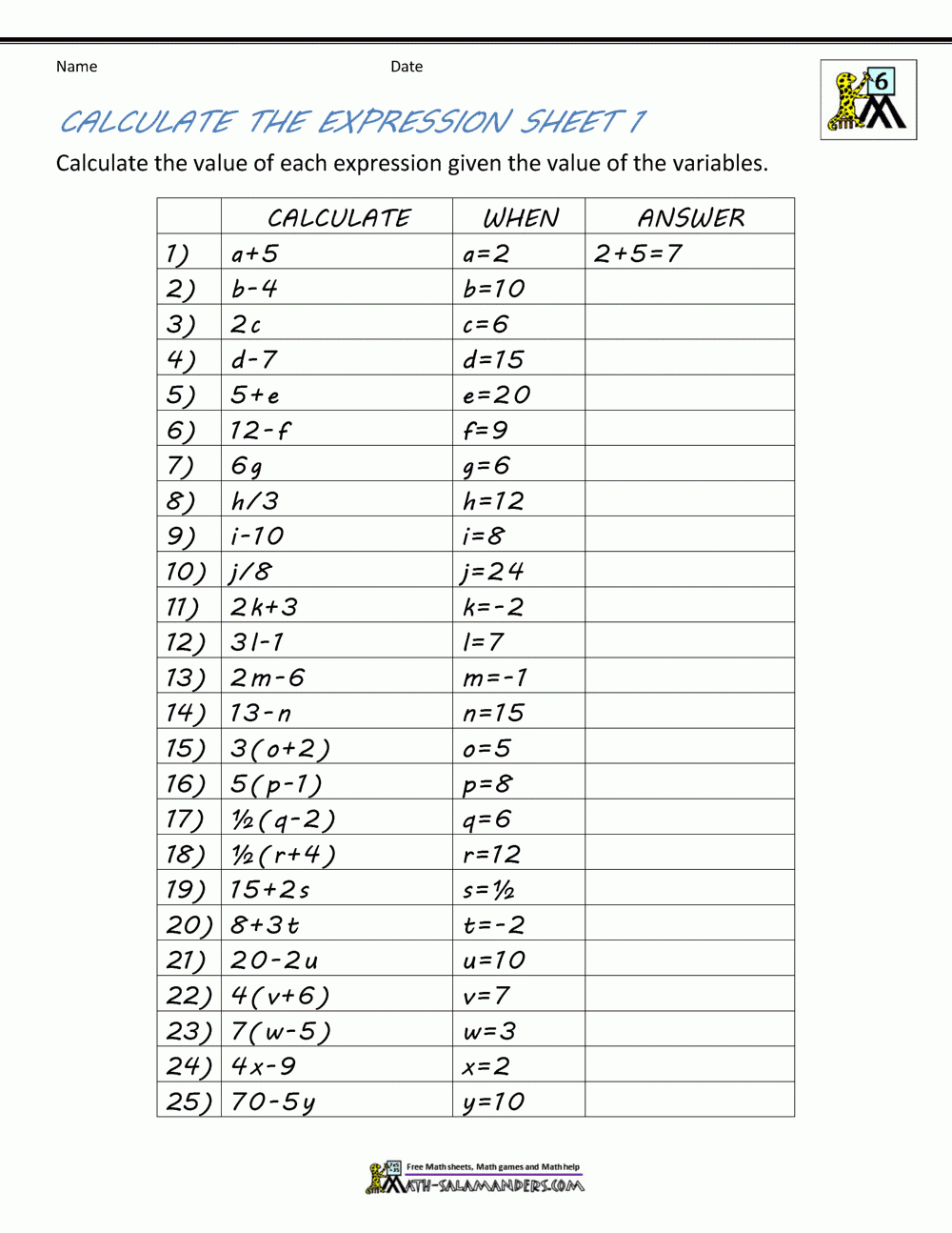 Basic Algebra Worksheets