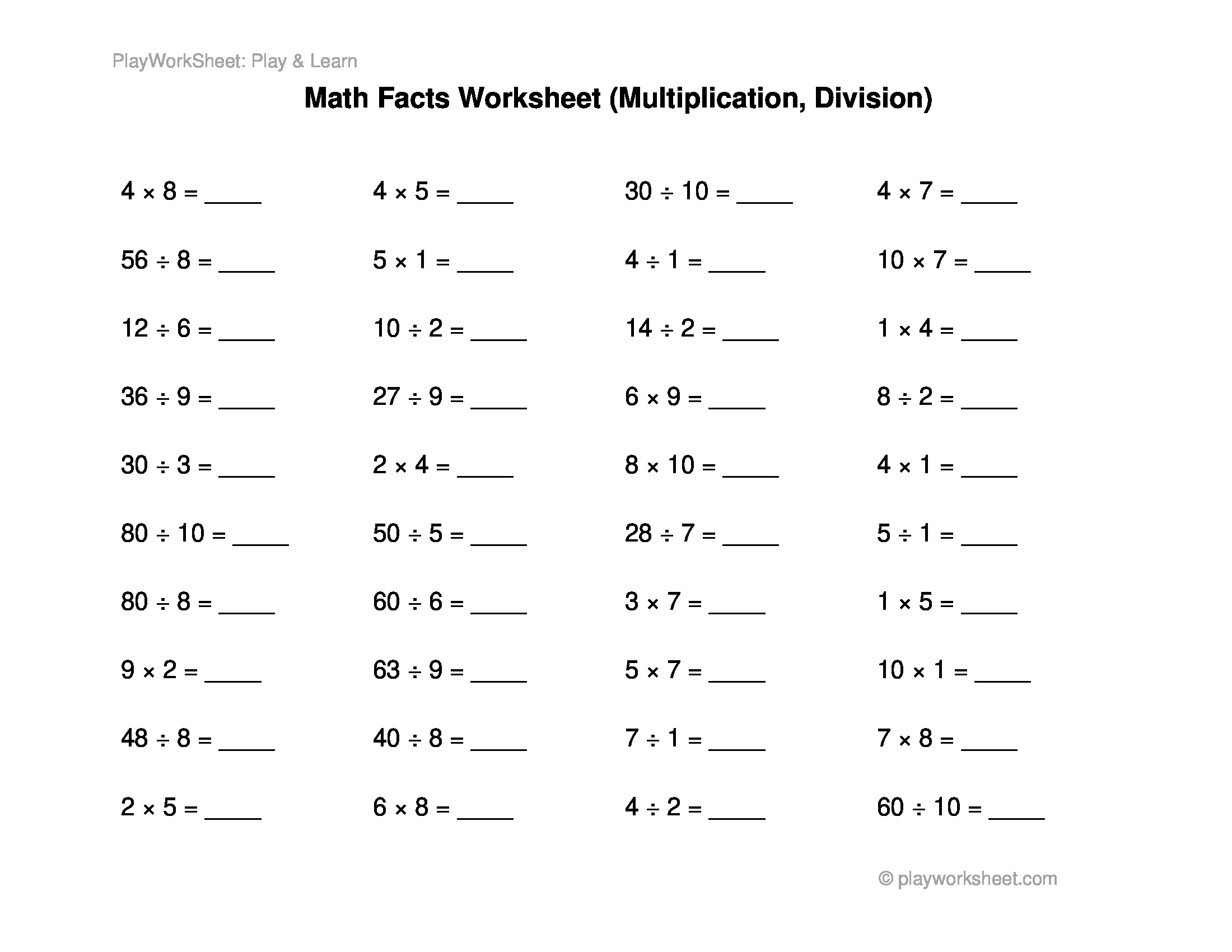 Basic Math Facts Worksheet Multiplication And Division Free 