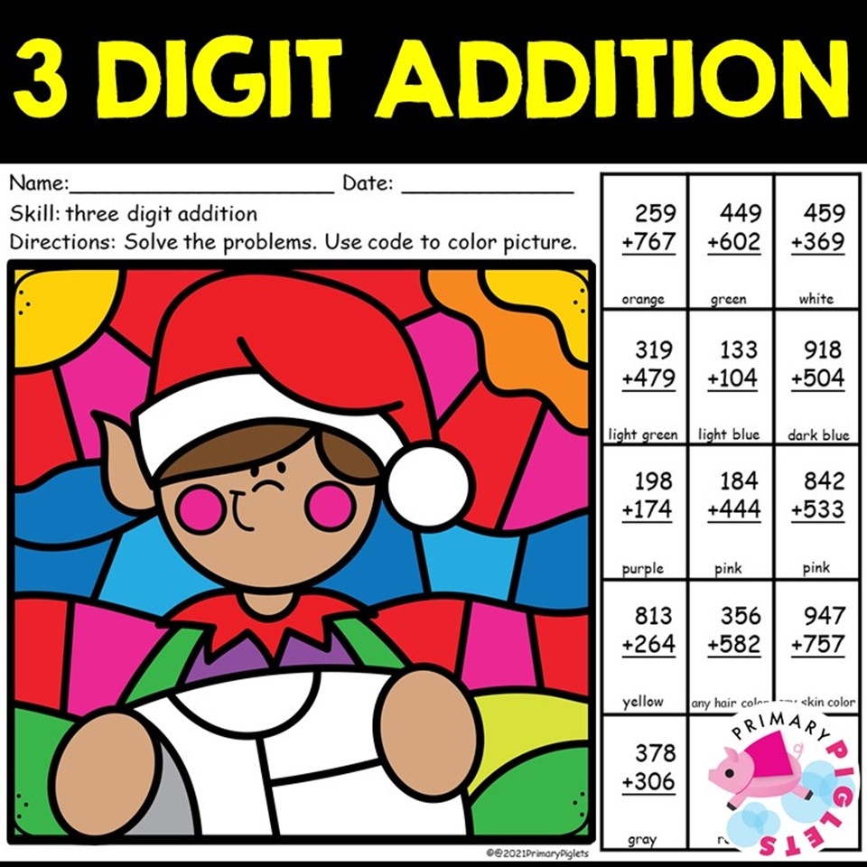 CHRISTMAS 3 DIGIT ADDITION WITH REGROUPING COLOR BY NUMBER CODE 