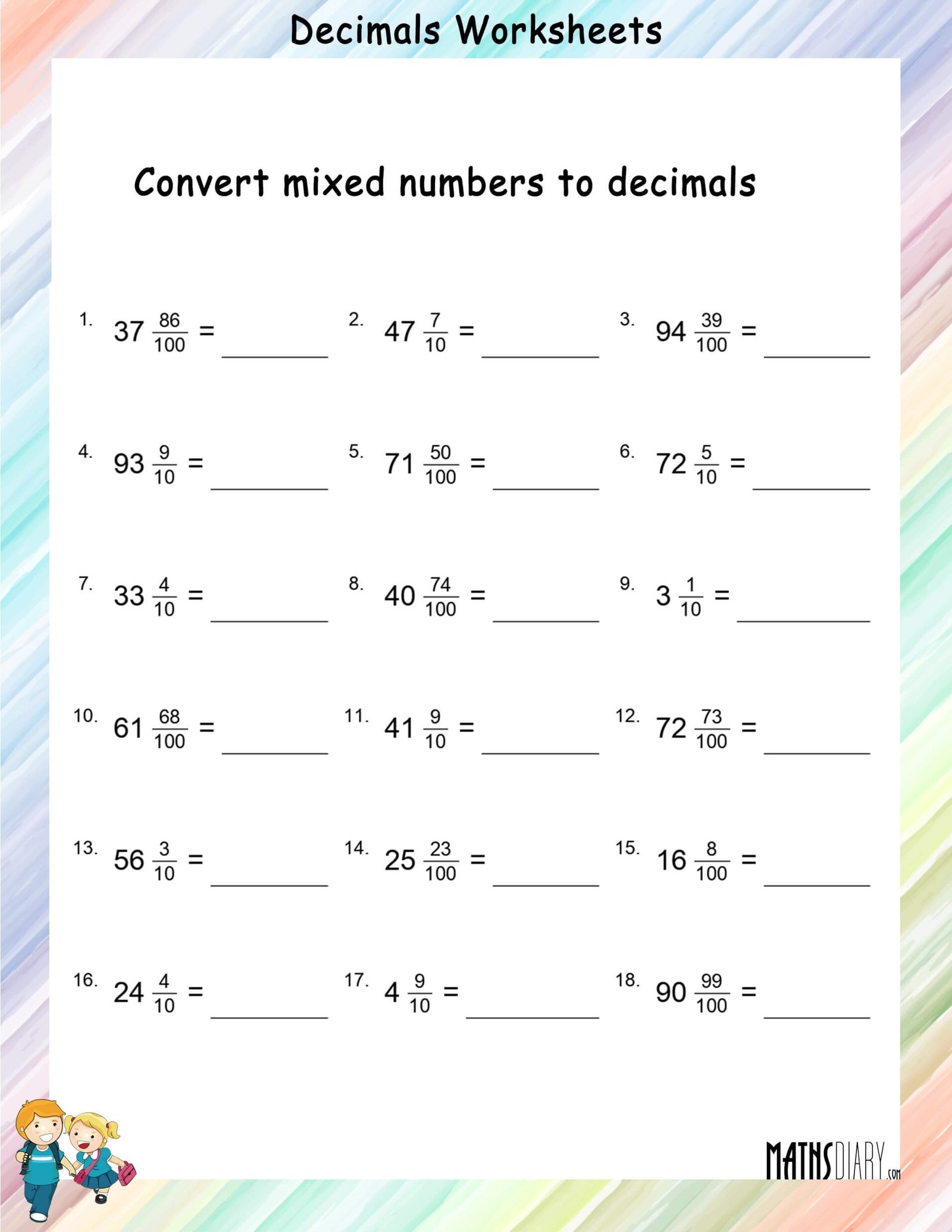 Convert Mixed Fractions To Decimals Worksheets Math Worksheets 