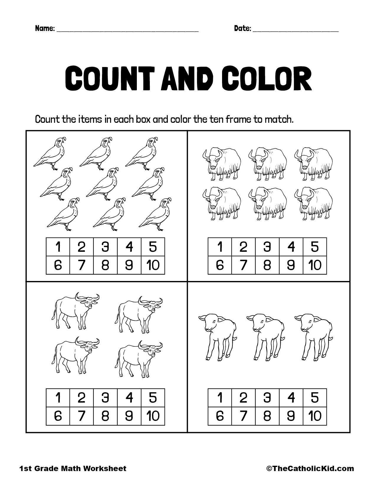 Count U0026 Color The Ten Frame 1st Grade Math Worksheet Catholic