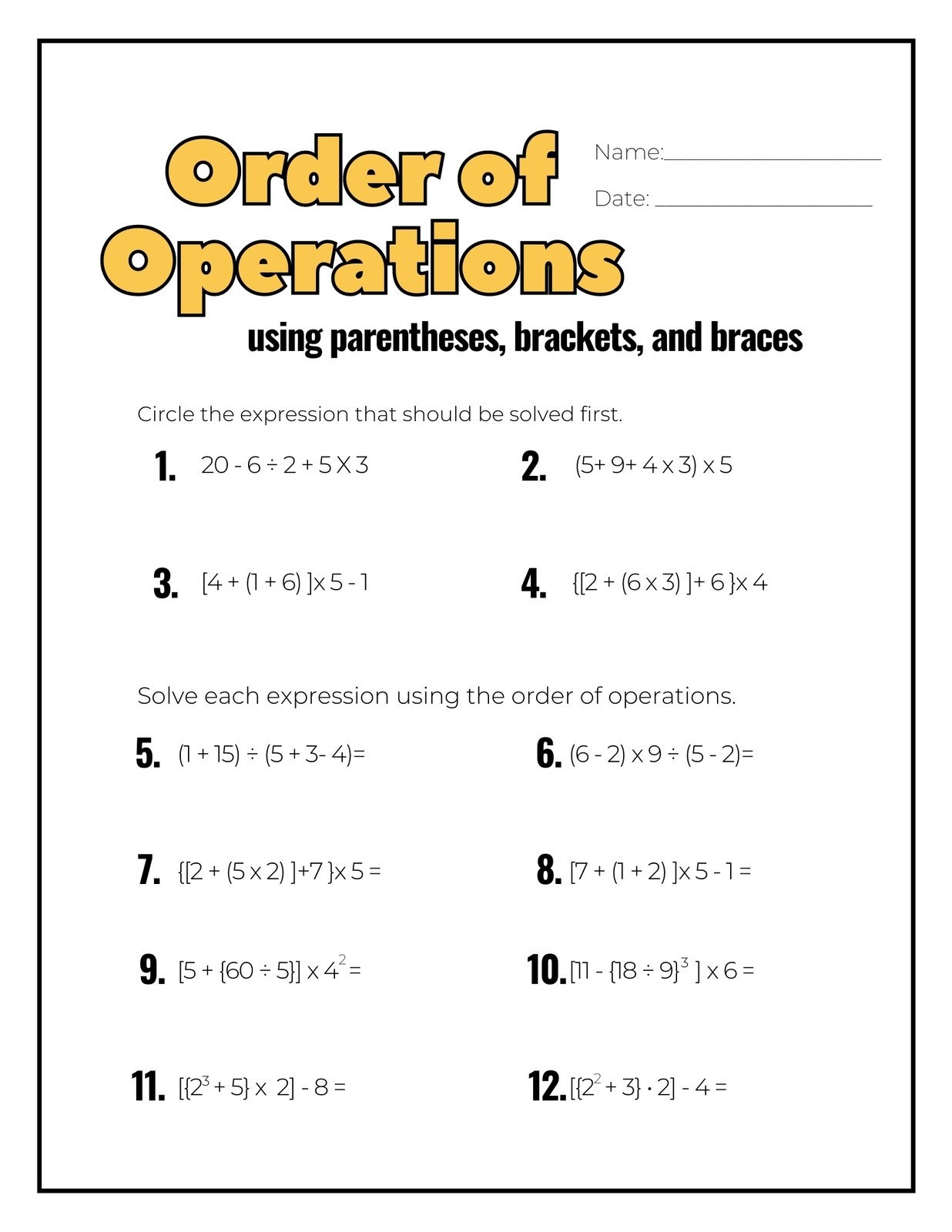 Order Of Operations Math Worksheets