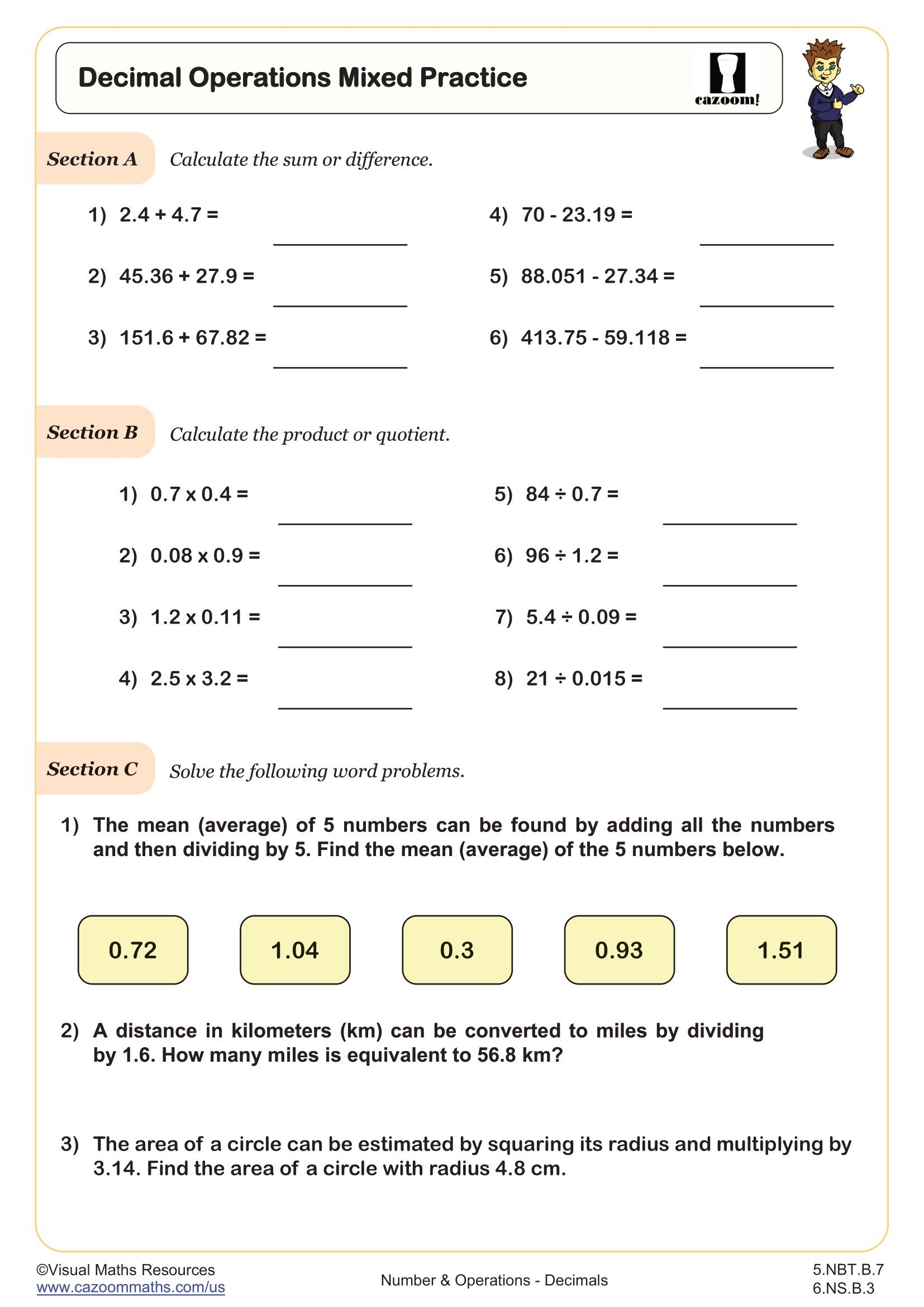 Decimal Operations Mixed Practice Worksheet PDF Printable Number 