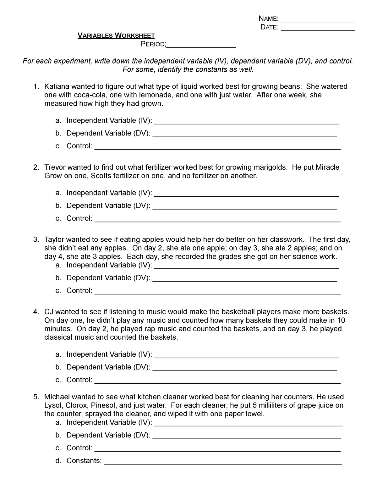 Independent And Dependent Variables Math Worksheet