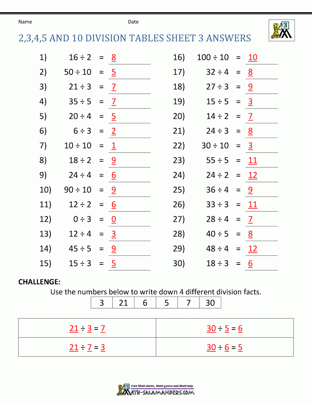 Division Facts Worksheets
